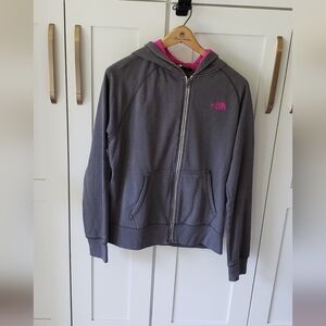 The North Face Hoodie Womens XL Gray Pink Full Zip Y2K Fleece Sporty Sweatshirt